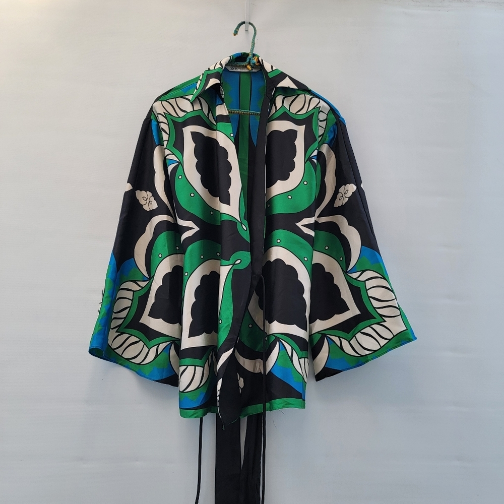 Zara Boho Blue Green Black Kimono Wrap Top Blouse Size Small Boho Mod Summer